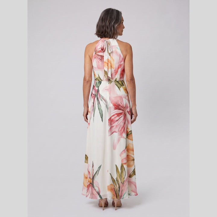 White floral halter neck gown, back view on model