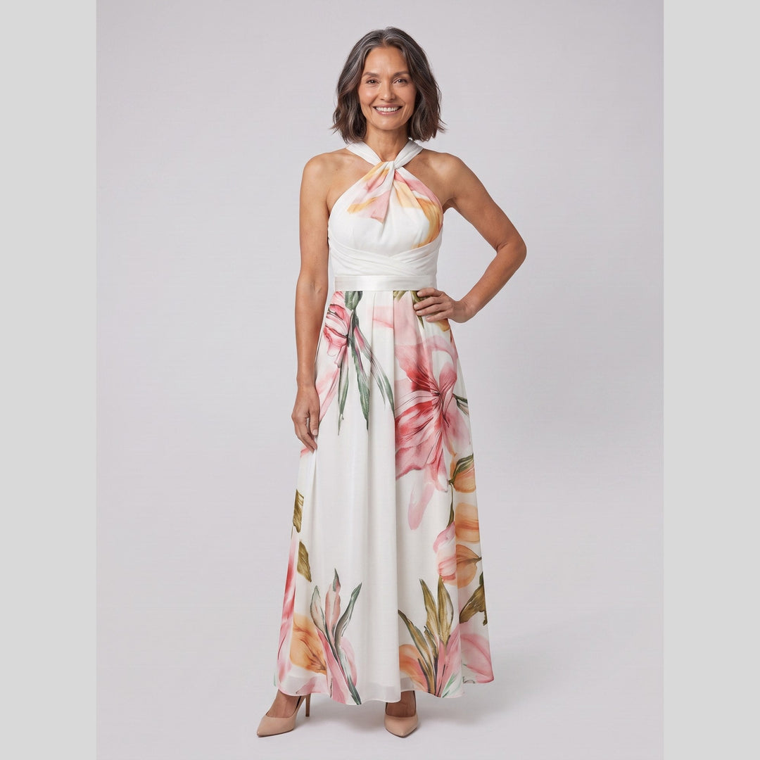 White watercolour floral halter neck gown, full length, front view on model