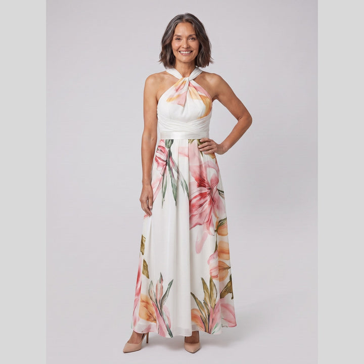 White watercolour floral halter neck gown, full length, front view on model