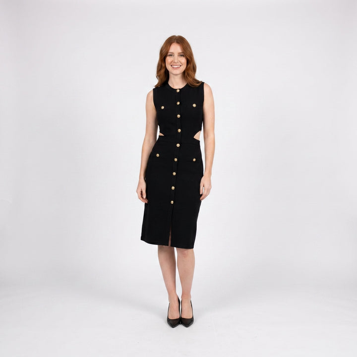 Black metallic mini dress with an irregular cut-out, on model