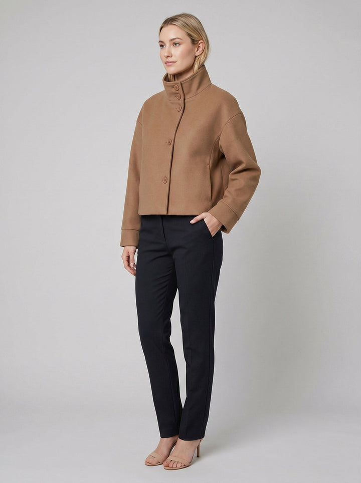 Virellea wool boxy jacket camel brown on model