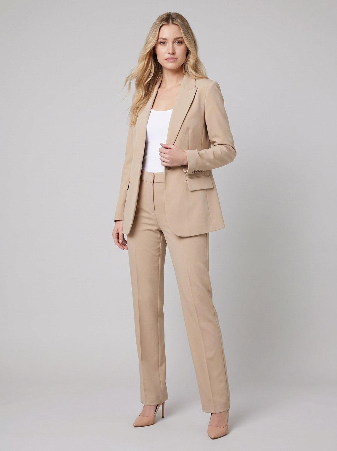 Vita women's suit beige tailored blazer and trousers on model