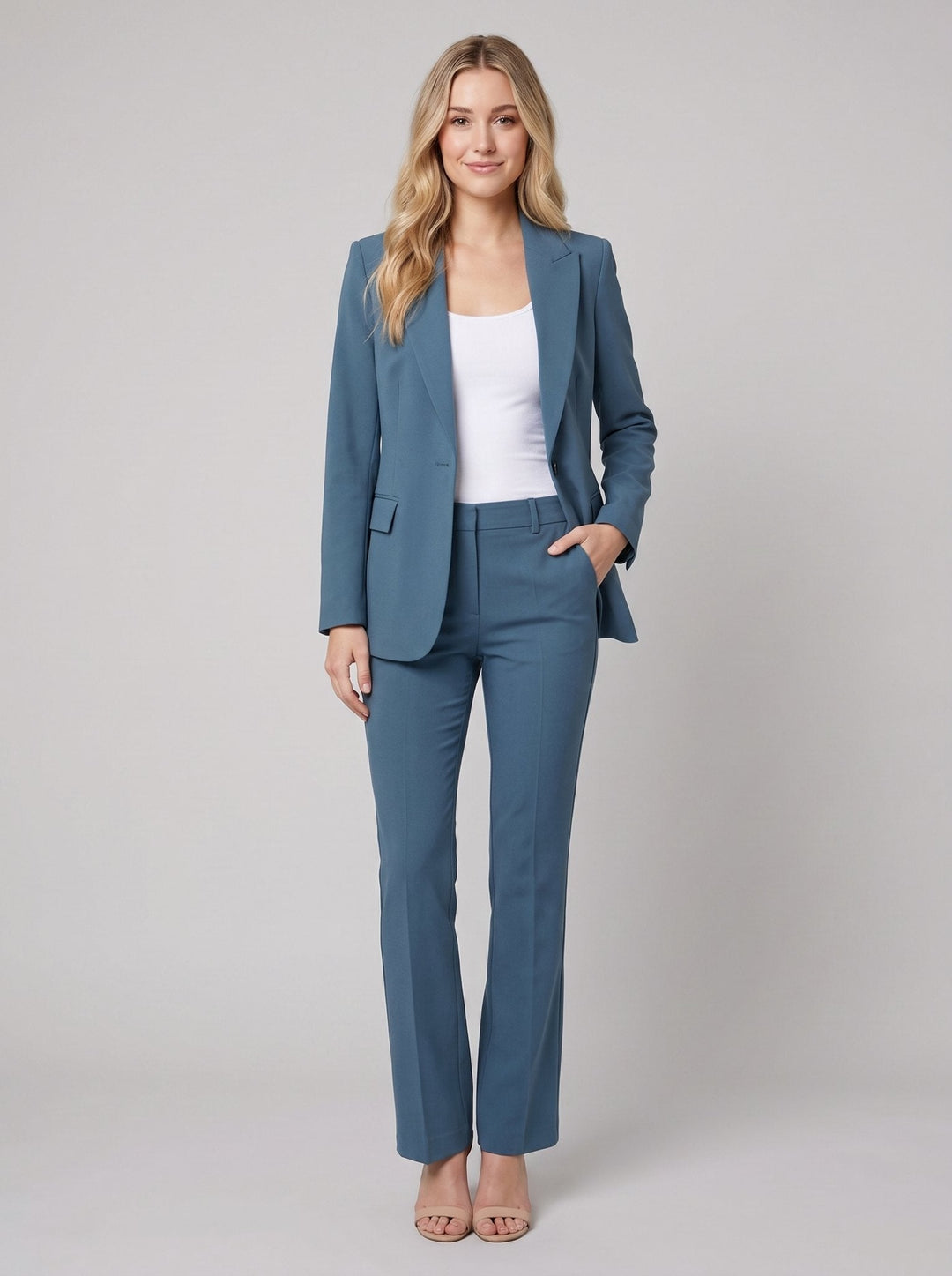 Vita women's suit blue tailored blazer and trousers on model