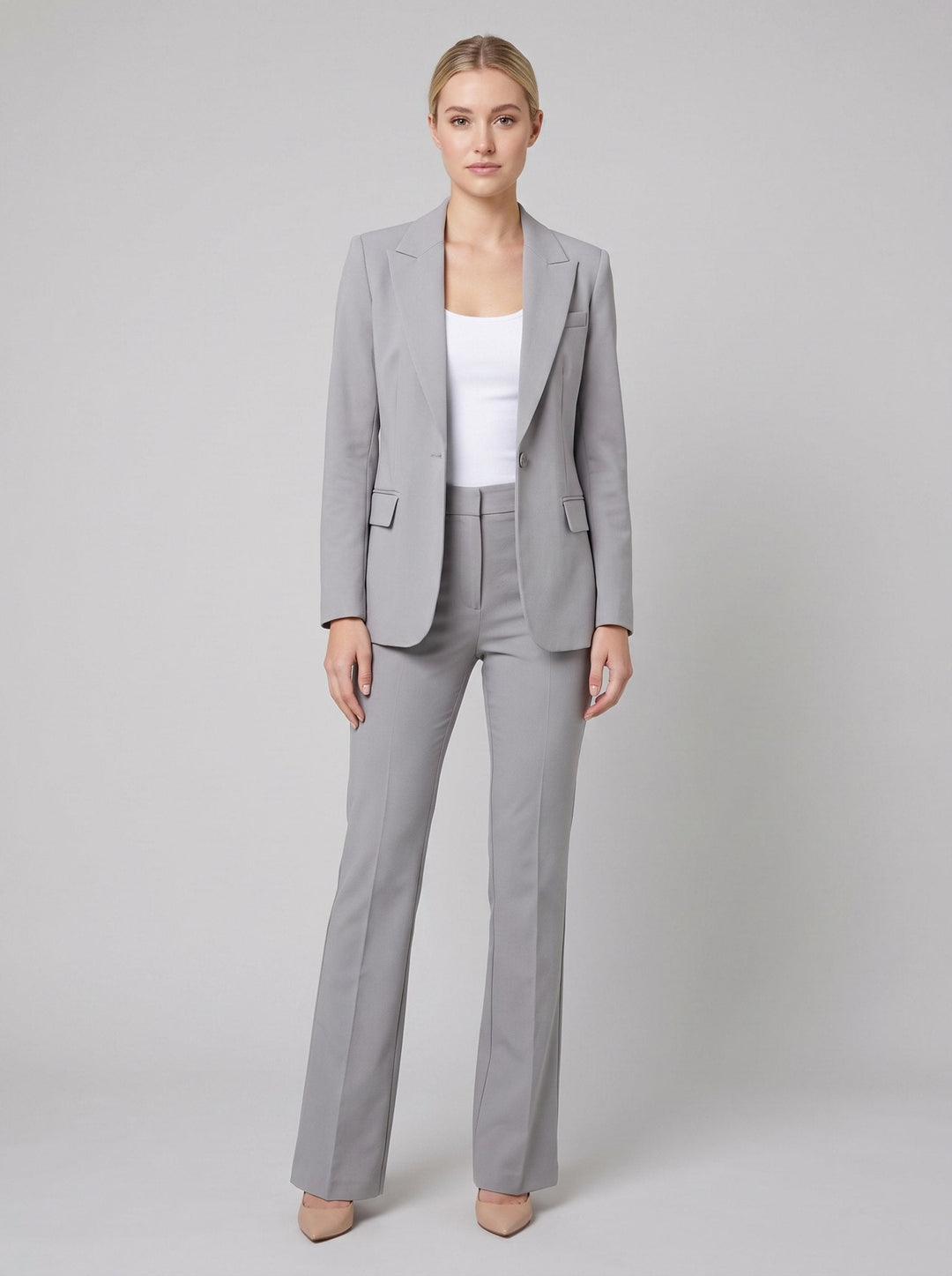 Vita women's suit gray tailored blazer and trousers on model