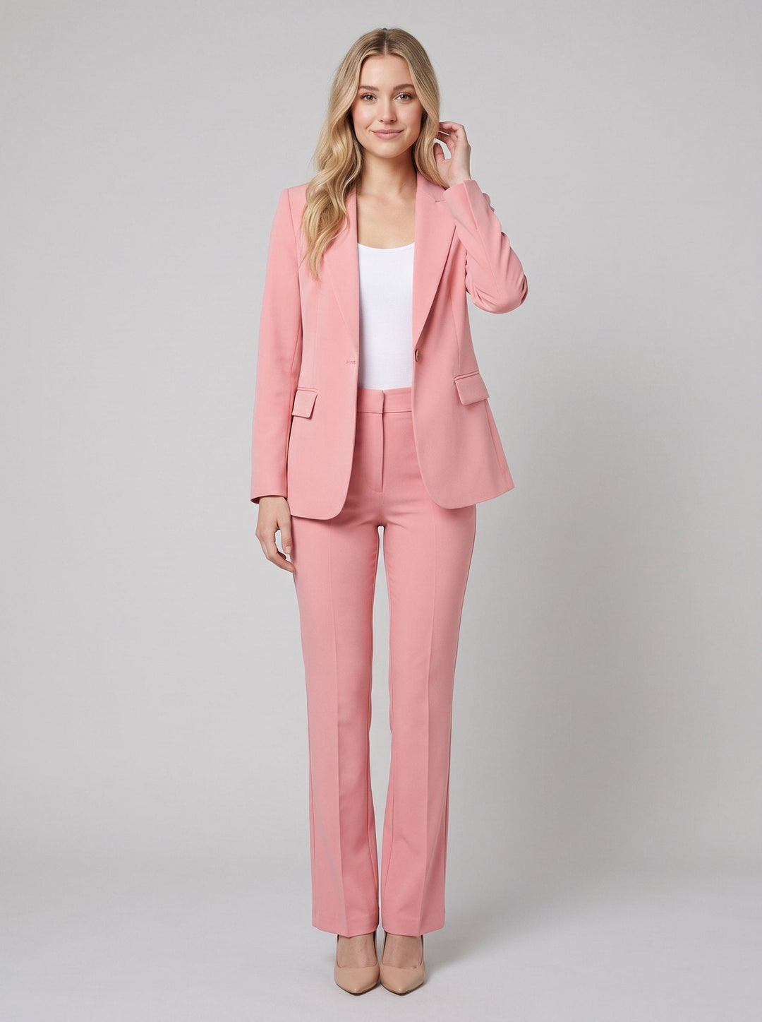 Vita women's suit pink tailored blazer and trousers on model