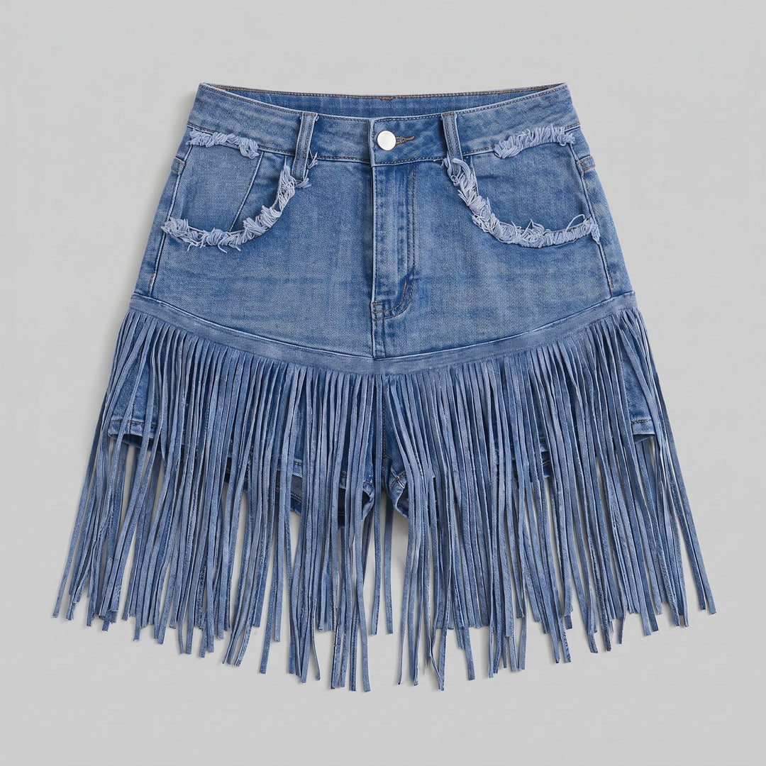 Vivid denim fringe skort blue product flat lay