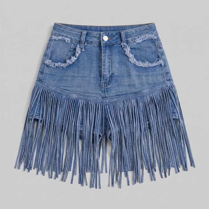 Vivid denim fringe skort blue product flat lay
