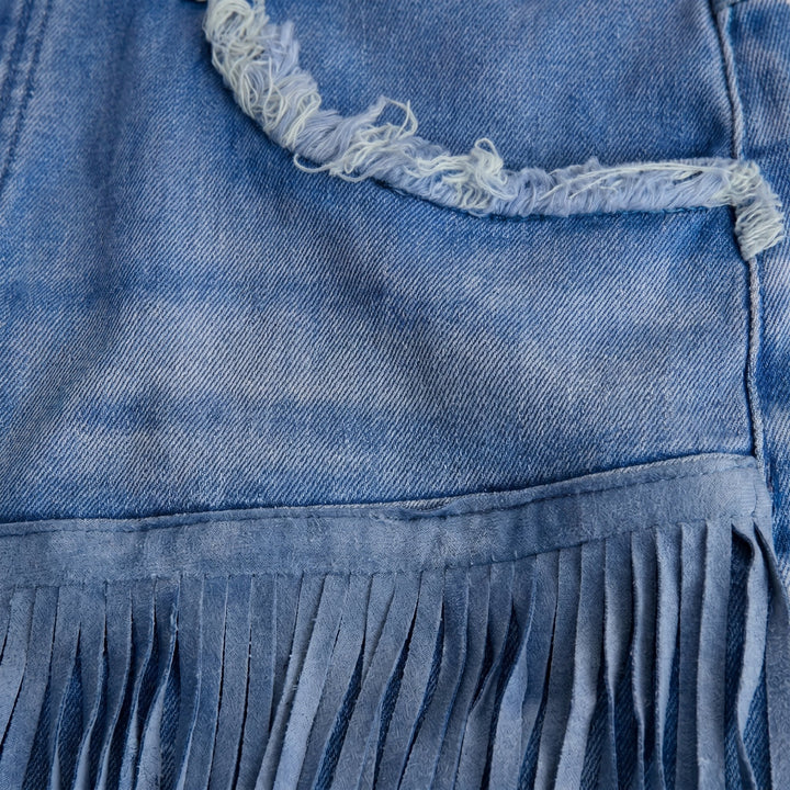 Vivid denim fringe skort denim fabric detail