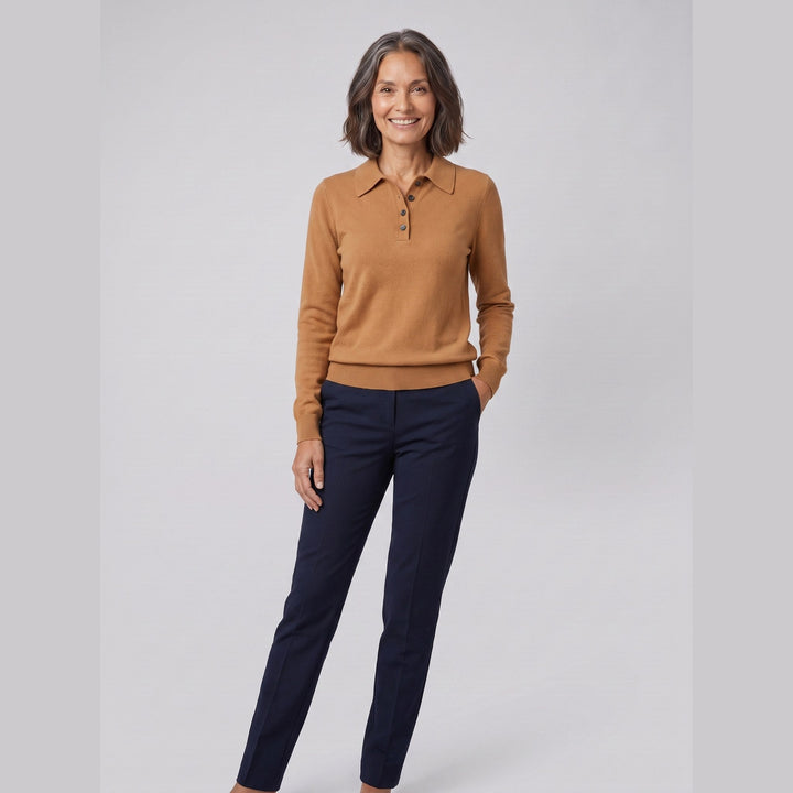 West polo sweater camel on model