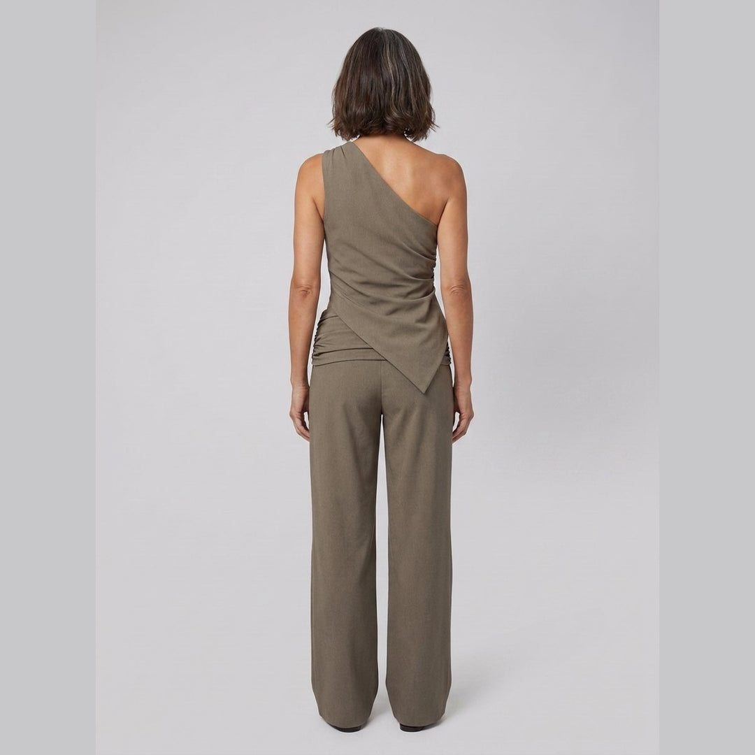 Wren khaki one-shoulder top, back view on model
