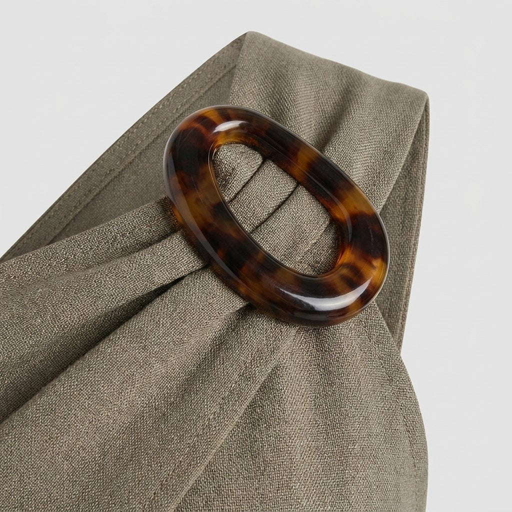 Wren woven fabric and tortoiseshell ring detail close-up