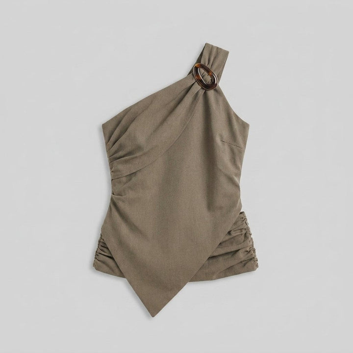 Wren khaki one-shoulder top with ring detail, product flat-lay