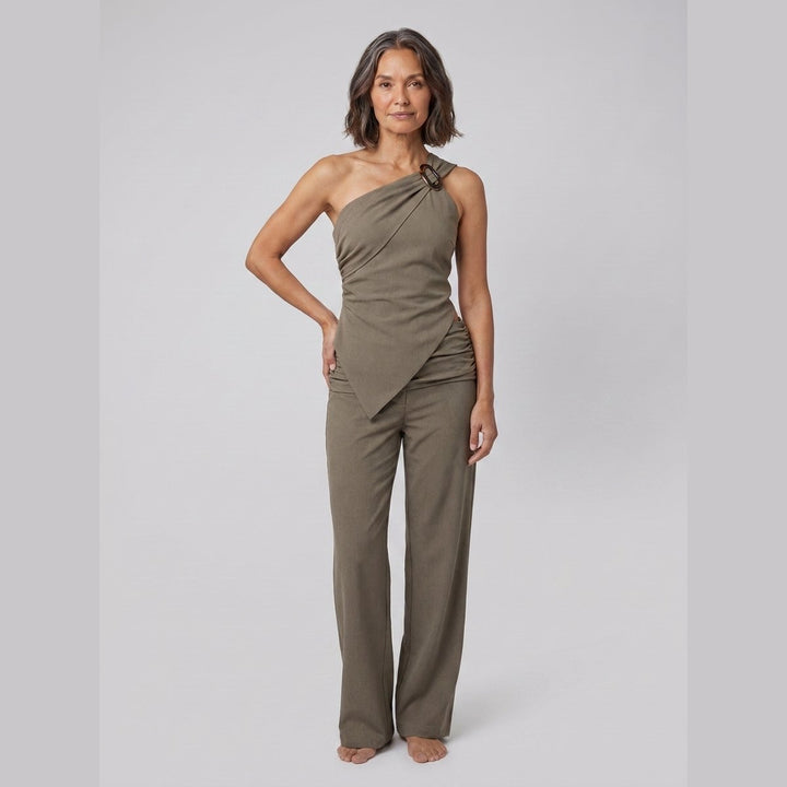 Wren khaki one-shoulder top, front pose on model