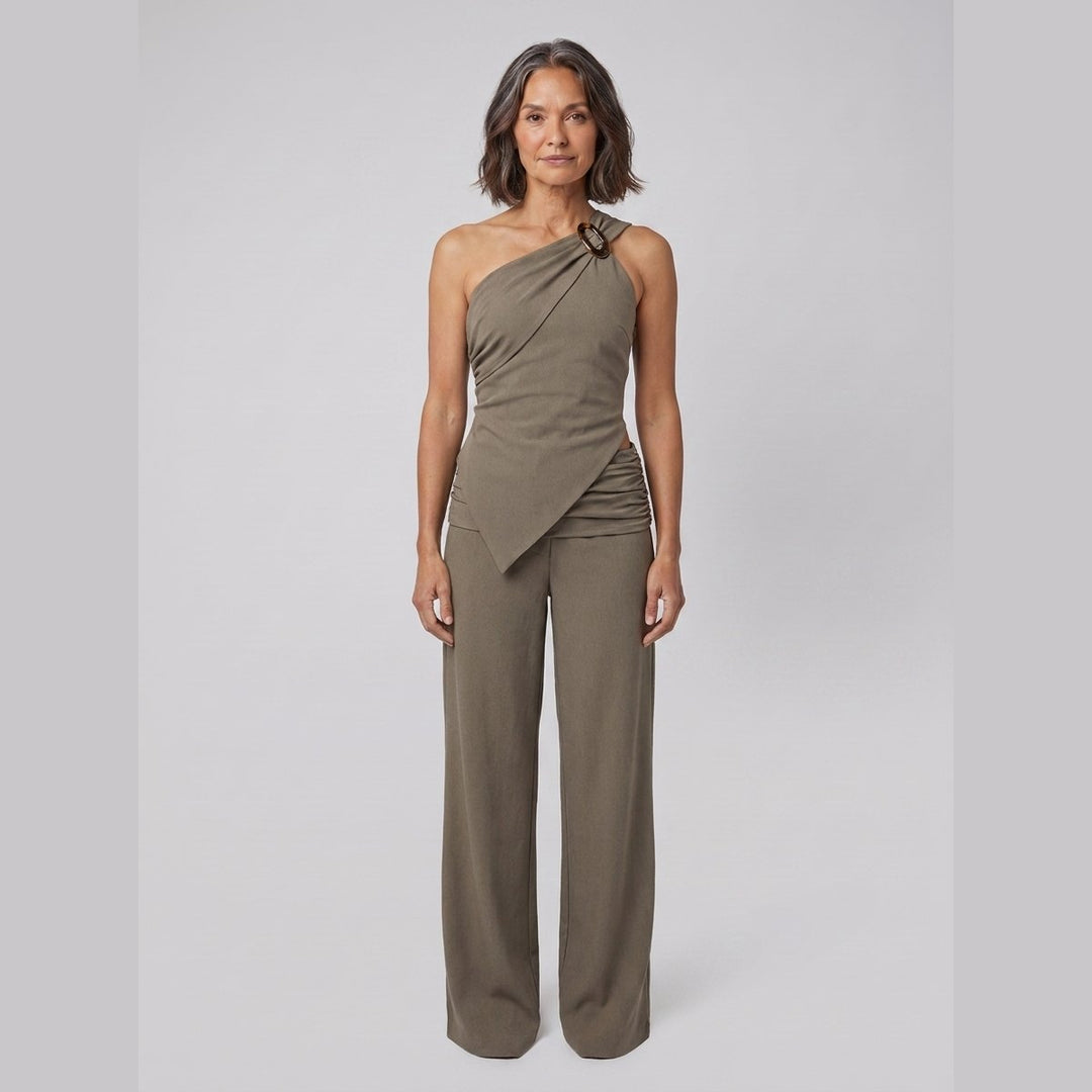Wren khaki one-shoulder top, front view on model