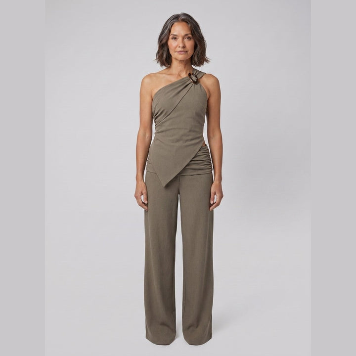 Wren khaki one-shoulder top, front view on model