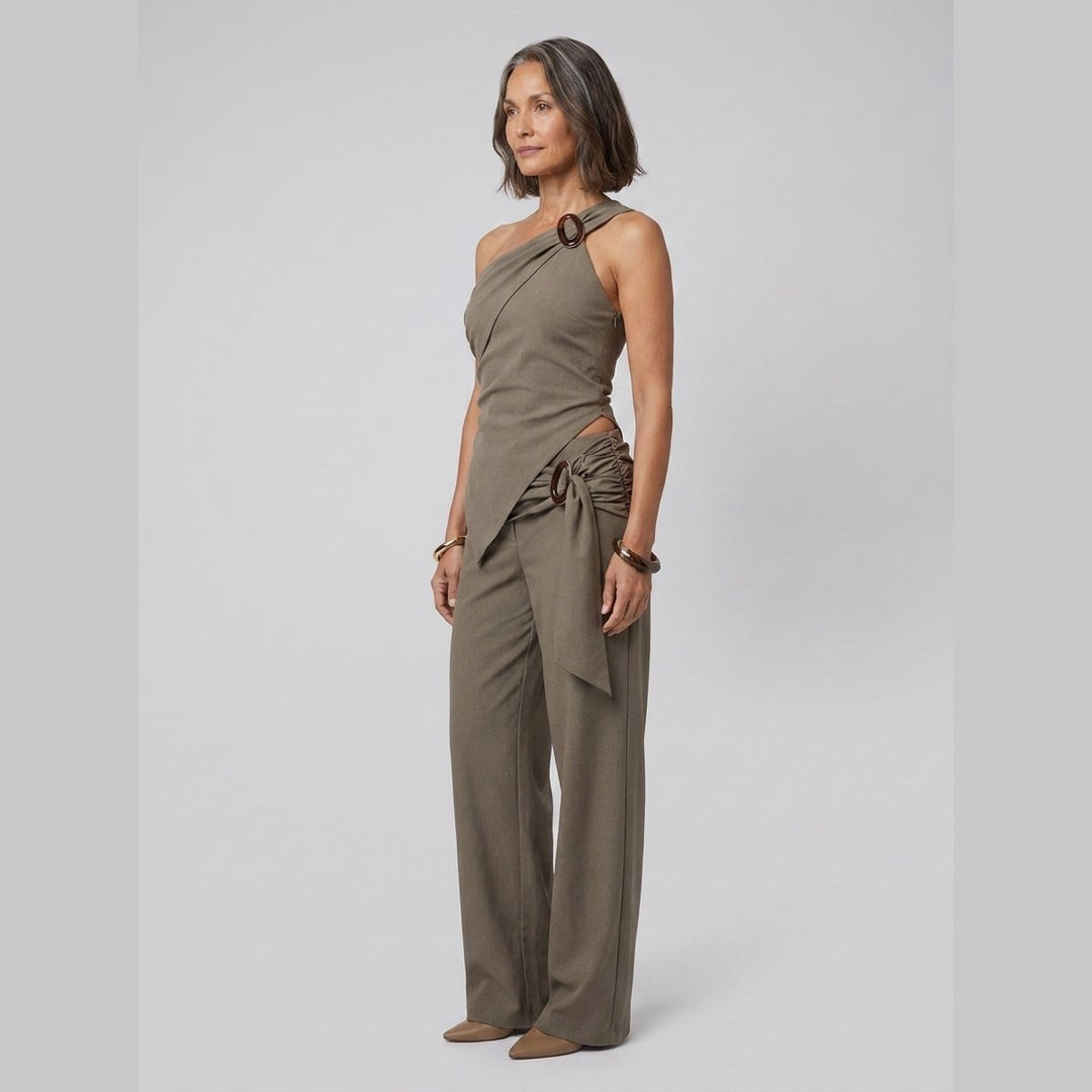 Wren khaki one-shoulder top, side view on model