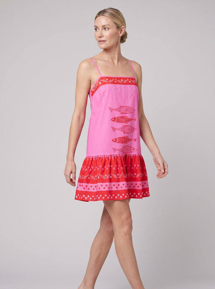 Zaria Bloom Dress hot pink fish print front pose on model