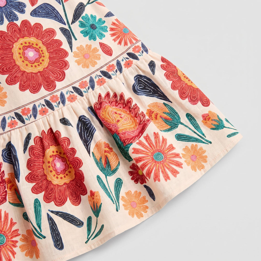 Zaria Bloom Dress orange folk-floral fabric detail
