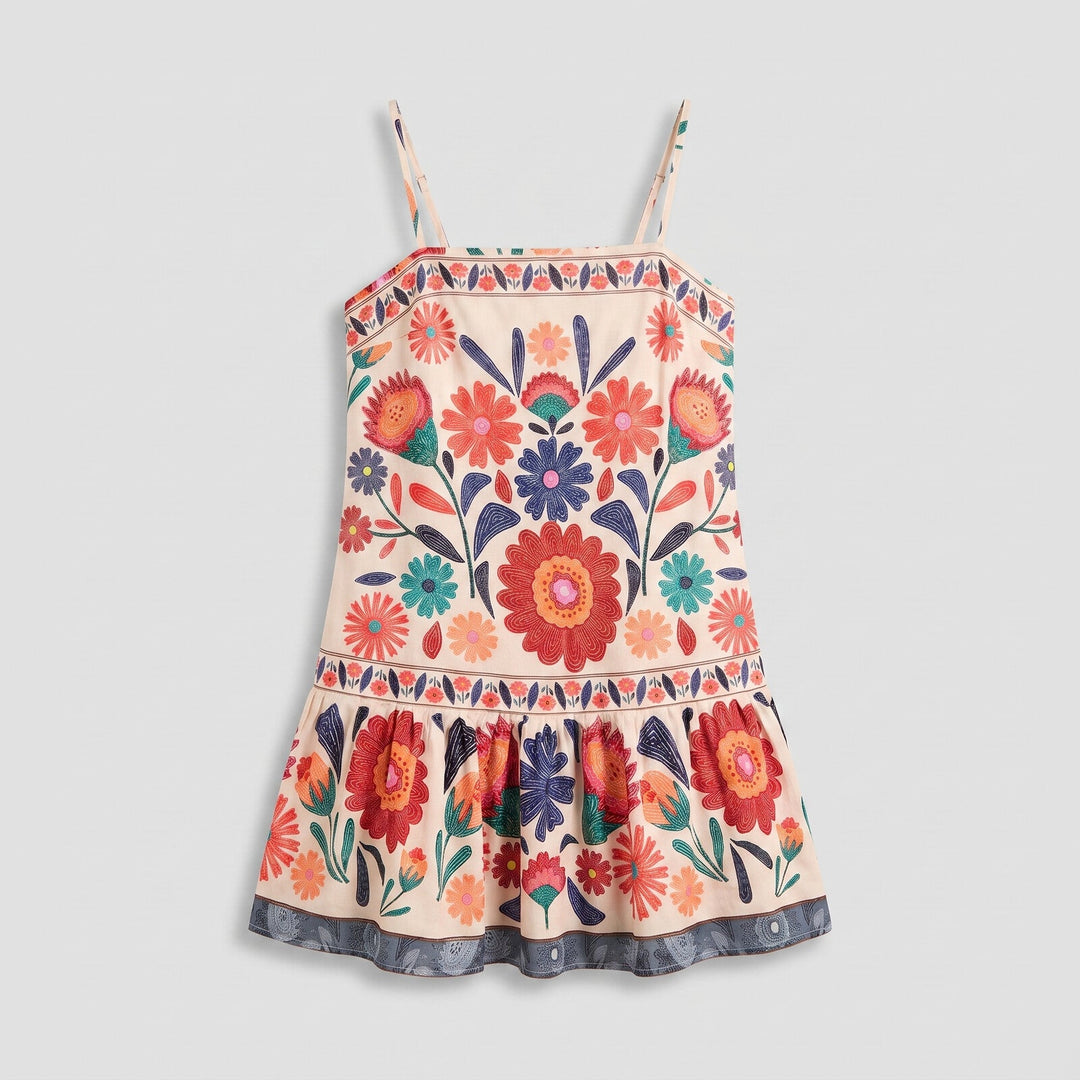 Zaria Bloom Dress orange folk-floral flat lay