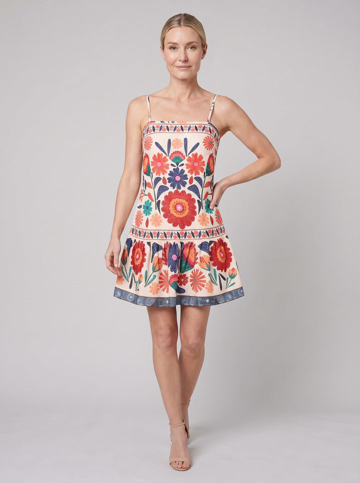 Zaria Bloom Dress orange folk-floral front pose on model