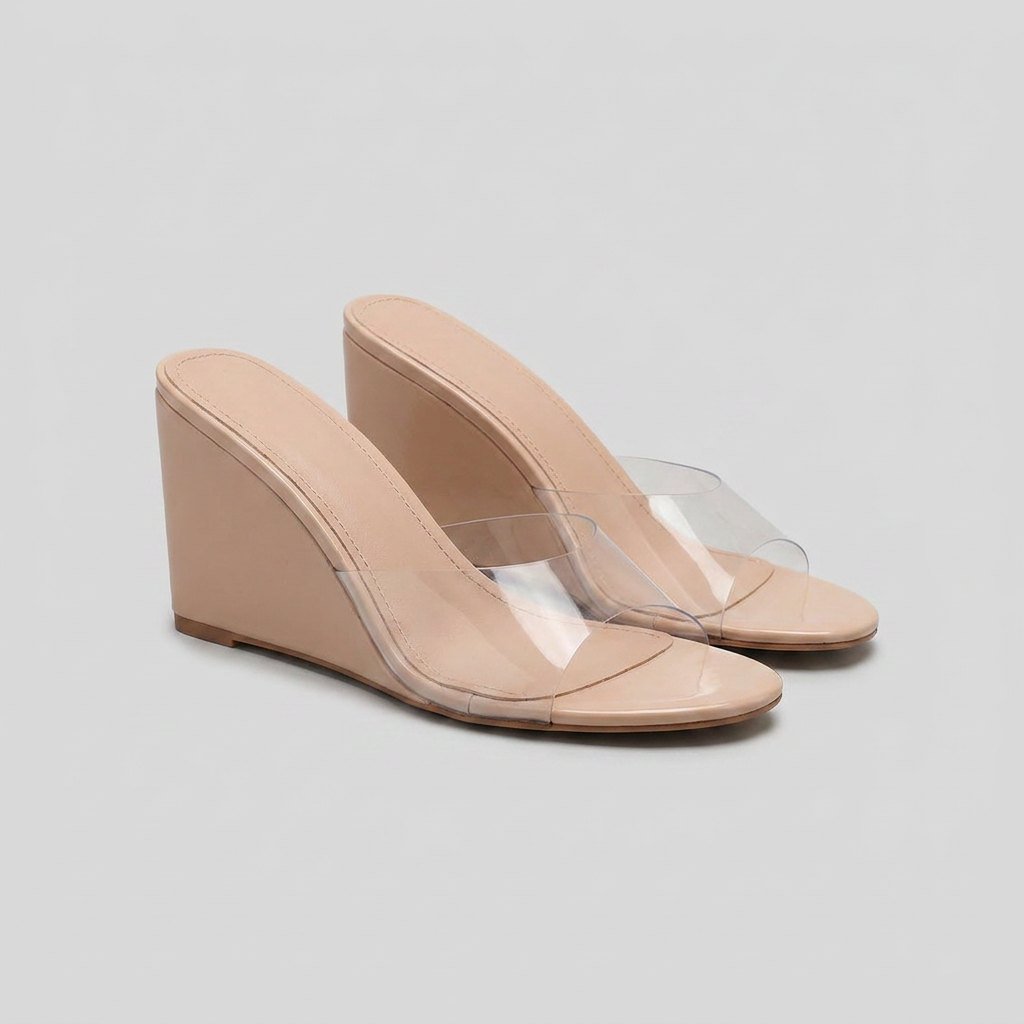Pair of wedge mules with a clear upper and mid heel