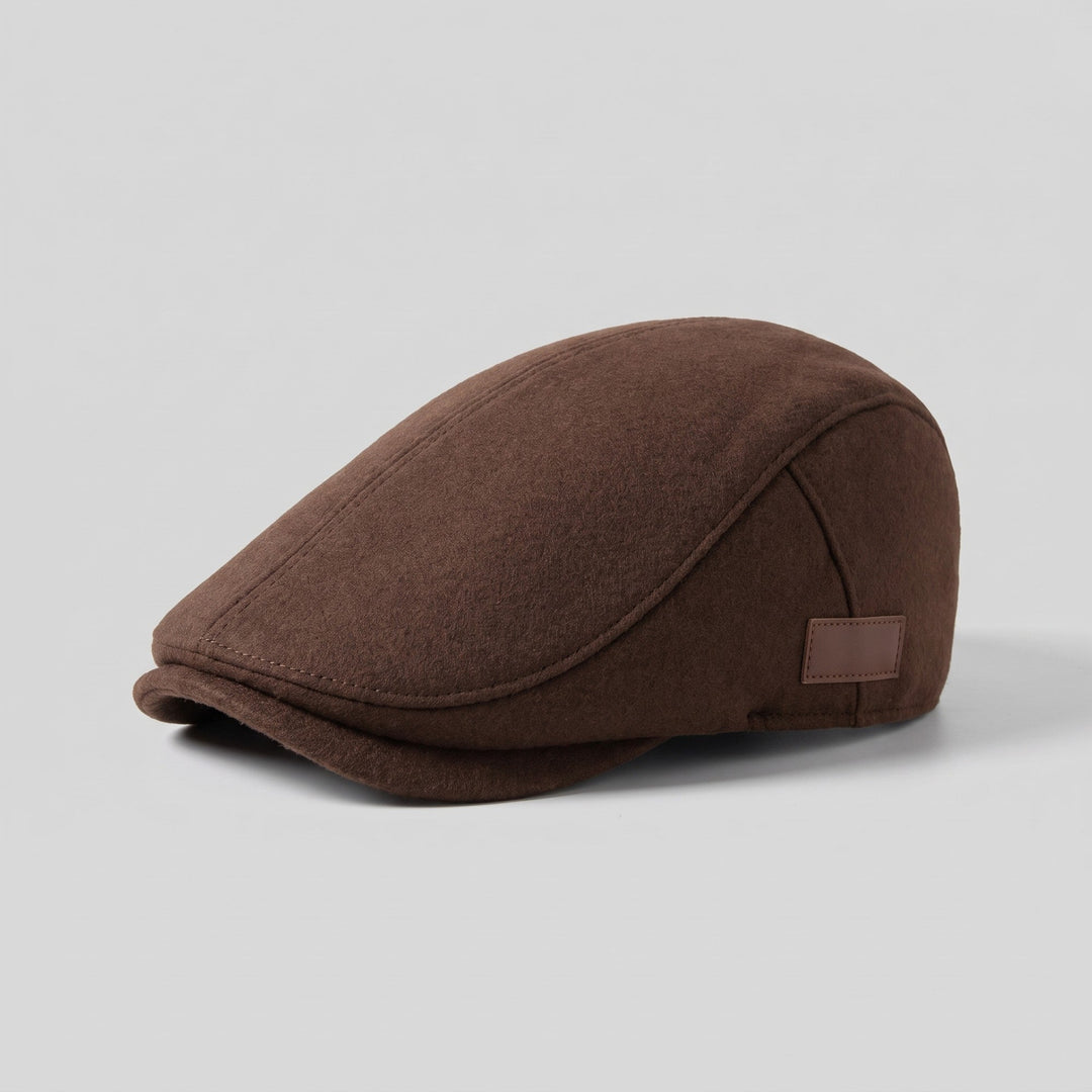 Brown wool flat cap, three-quarter view