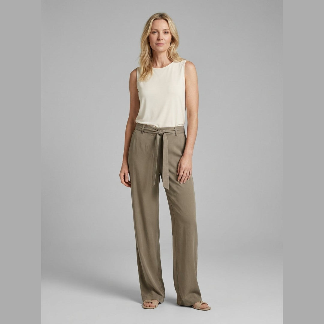 Wendy Wildfire olive relaxed straight-leg trousers front view on model