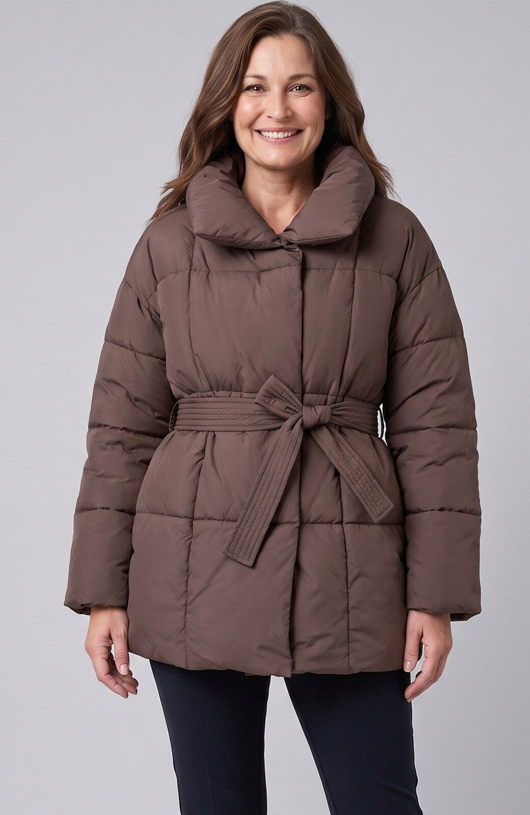 Women's belted down-blend puffer coat front