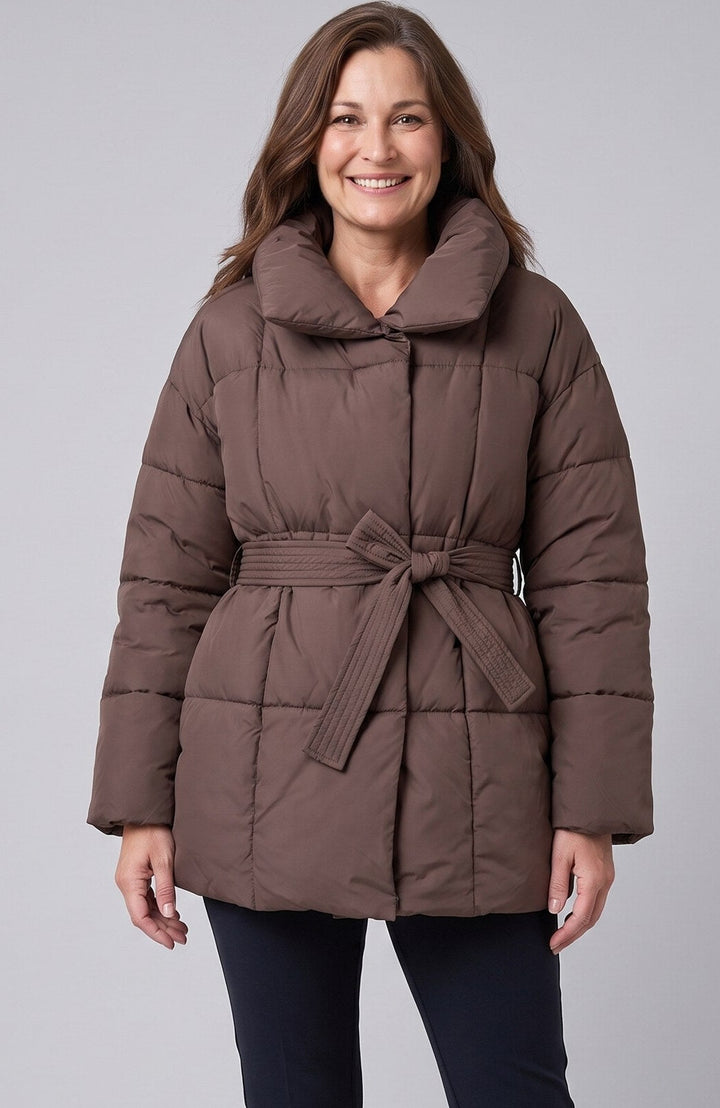 Women's belted down-blend puffer coat front