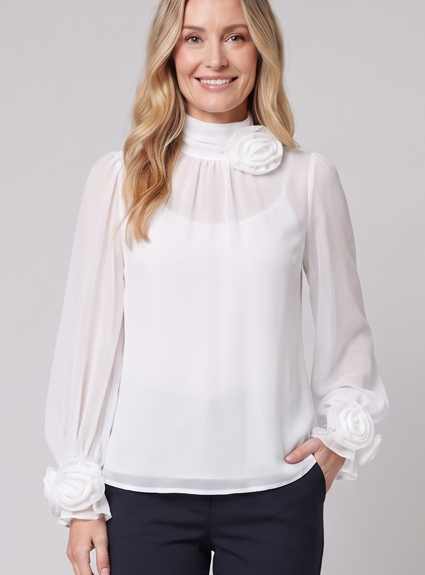 Chiffon Blouse - Women's High-Neck Rosette Top
