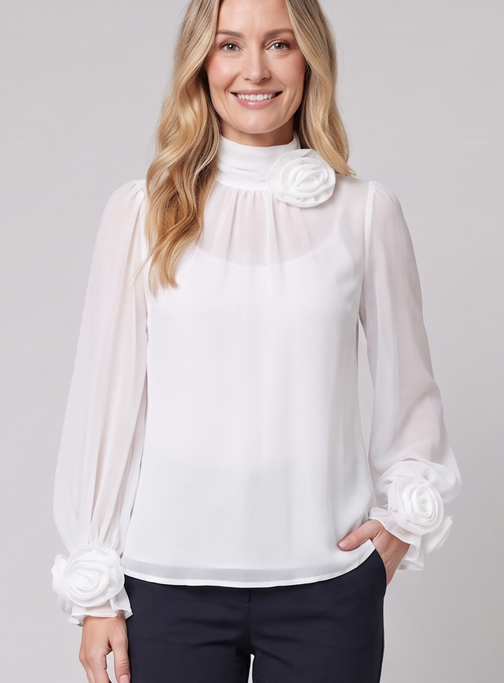 Chiffon Blouse - Women's High-Neck Rosette Top