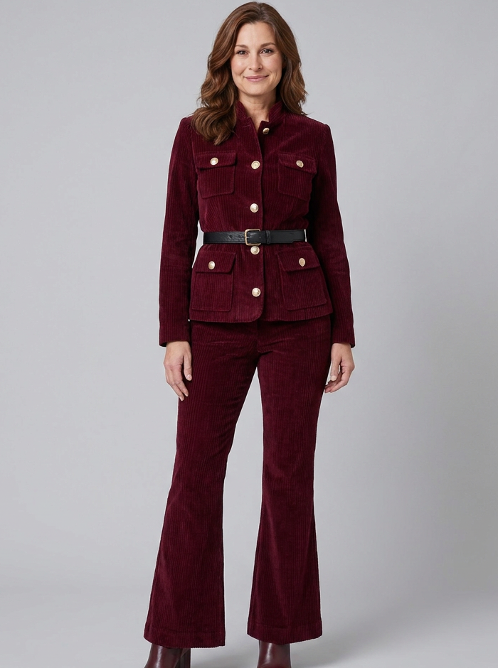 Women's corduroy jacket and flare pants set, full length