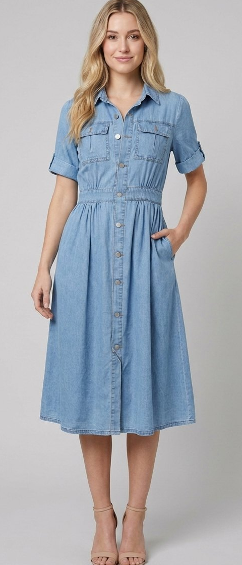 Denim Shirt Dress - Women's Belted Roll-Sleeve Dress