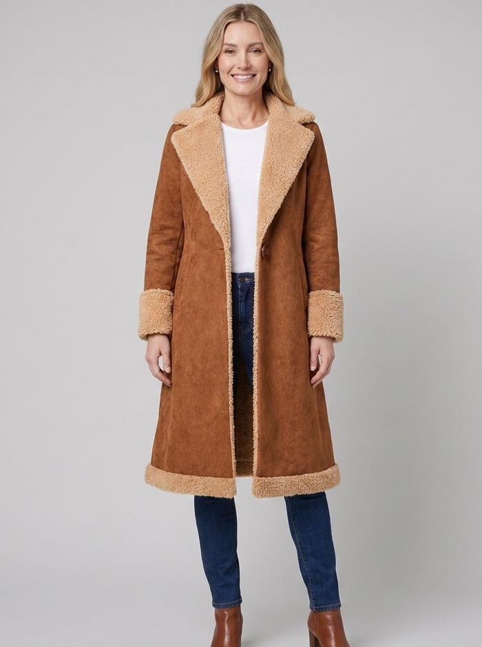Women's tan faux-suede trench coat, full length