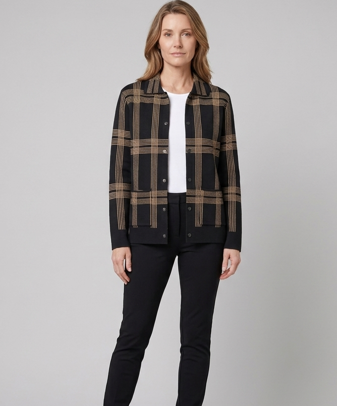 Women's plaid knit cardigan, full length