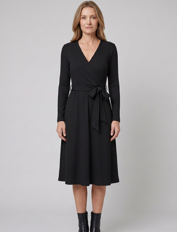 Women's black knit midi dress, full