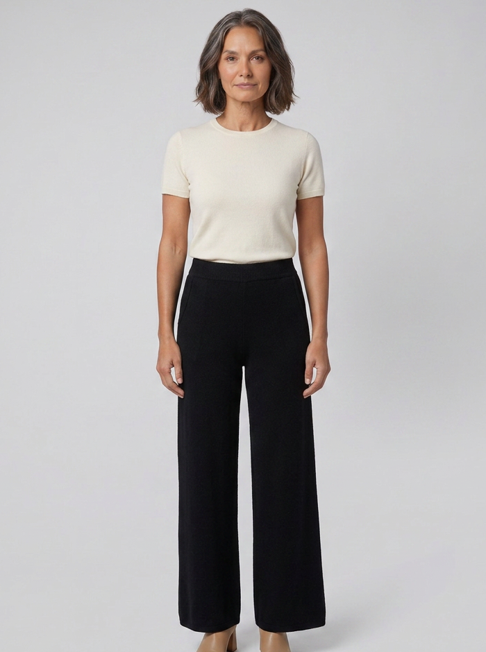 Women's black knit wide-leg pants, full