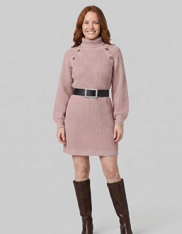 Women's pink knit sweater dress, close-up