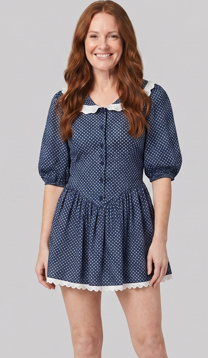 Lace Collar Mini Dress - Women's Puff-Sleeve Dress