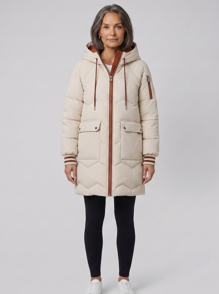 Women's beige long puffer coat, full length