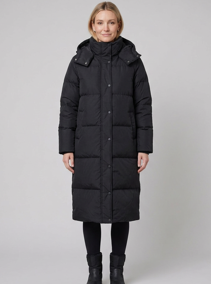 Women's long black puffer coat, full length