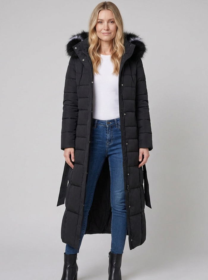 Women's black maxi puffer coat, full length