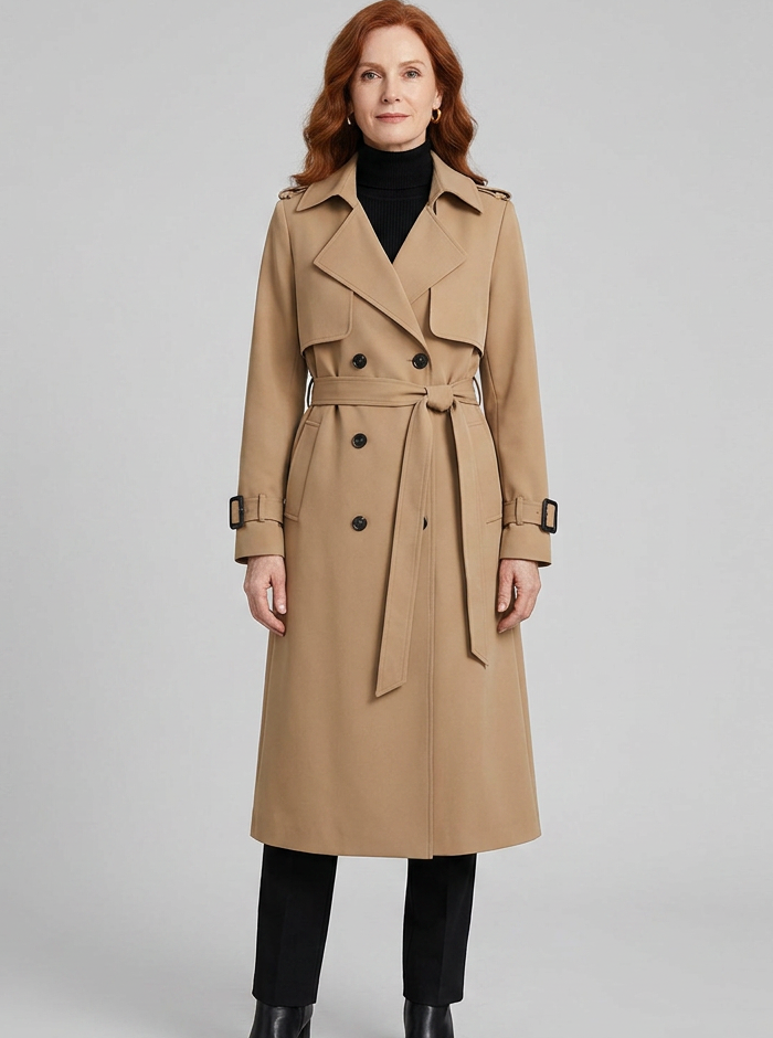 Women's camel maxi trench coat, full length