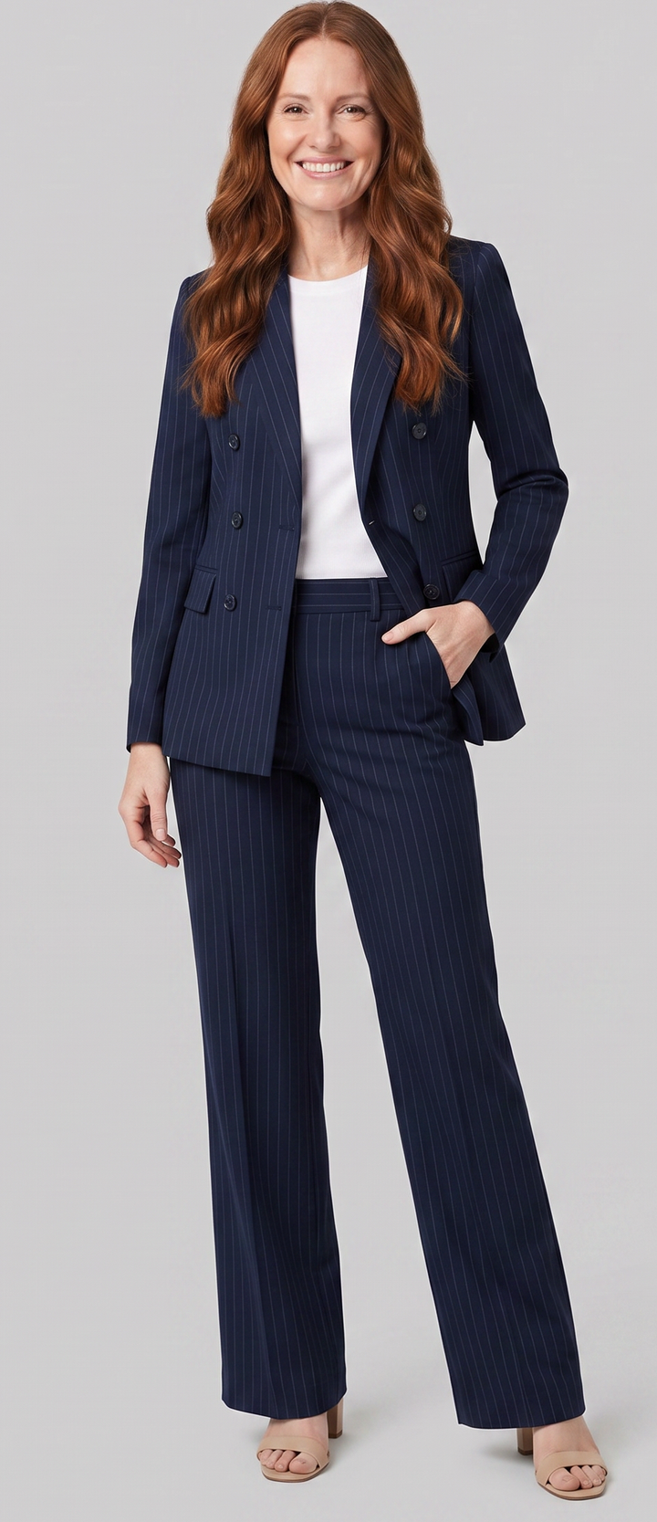 Pinstripe Pant Suit - Women's Double-Breasted Blazer Set