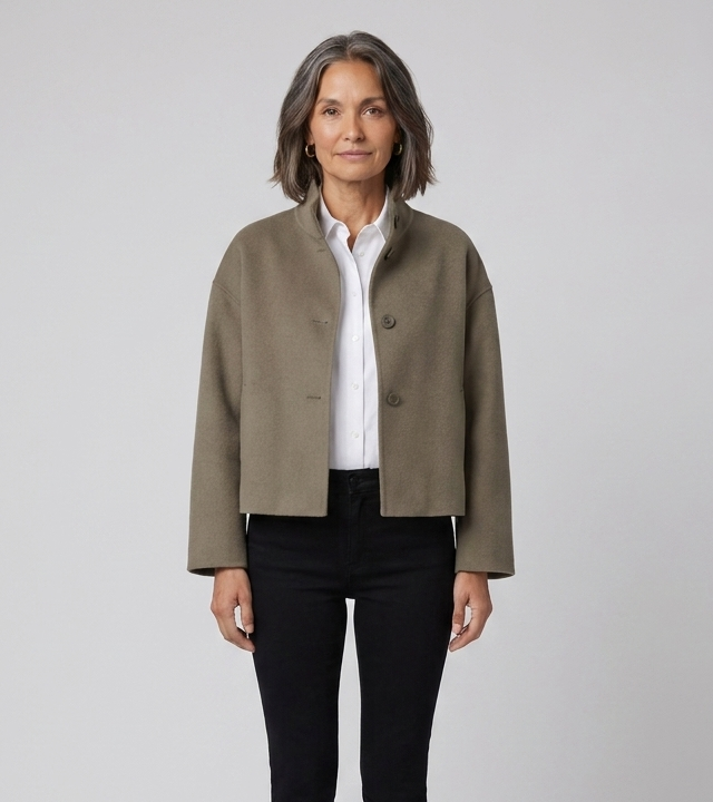 Women's olive short jacket, close-up