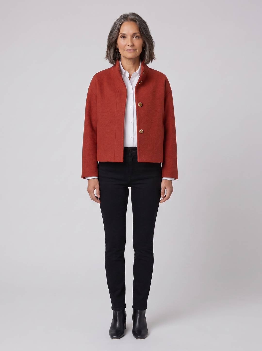 Women's short jacket in red, front view