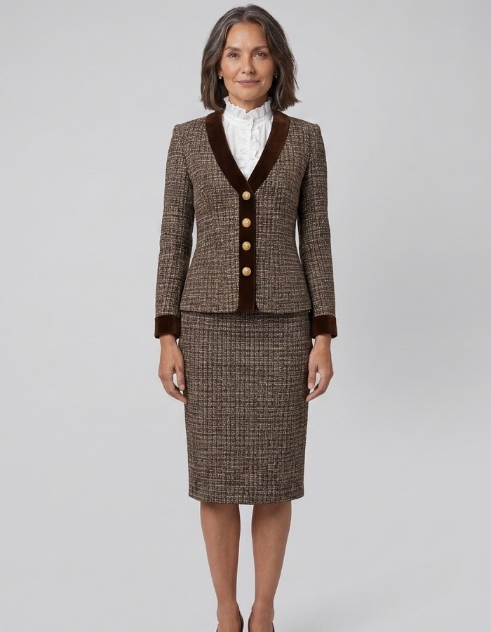 Women's tweed blazer and pencil skirt suit, full length