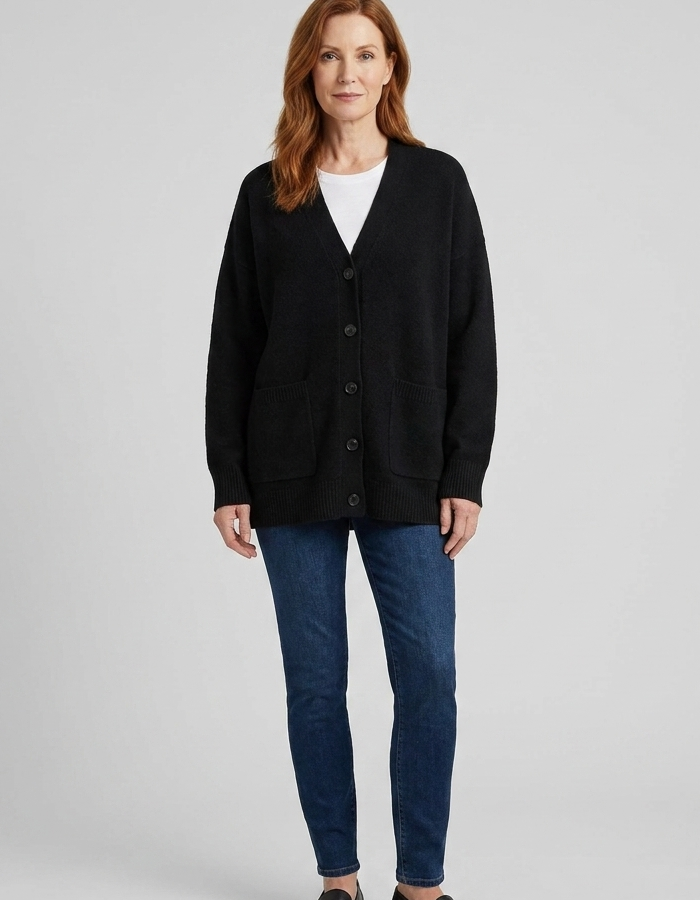 Women's black V-neck knit cardigan, full length
