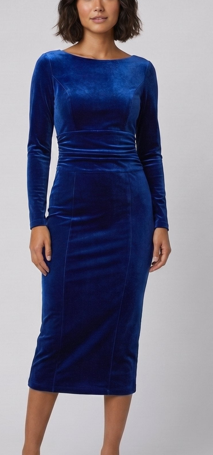 Velvet Bodycon Dress - Women's Boat Neck Midi