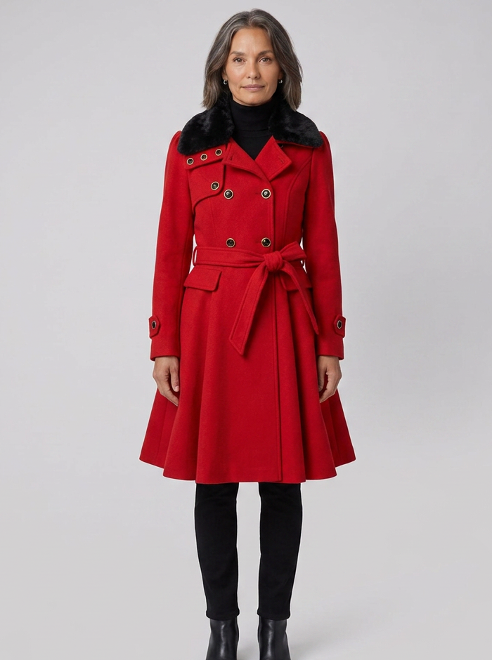 Women's red wool trench coat, full length